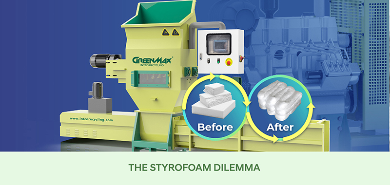 GREENMAX compactor machines that compress waste foam blocks to 1/50 of their original volume in minutes